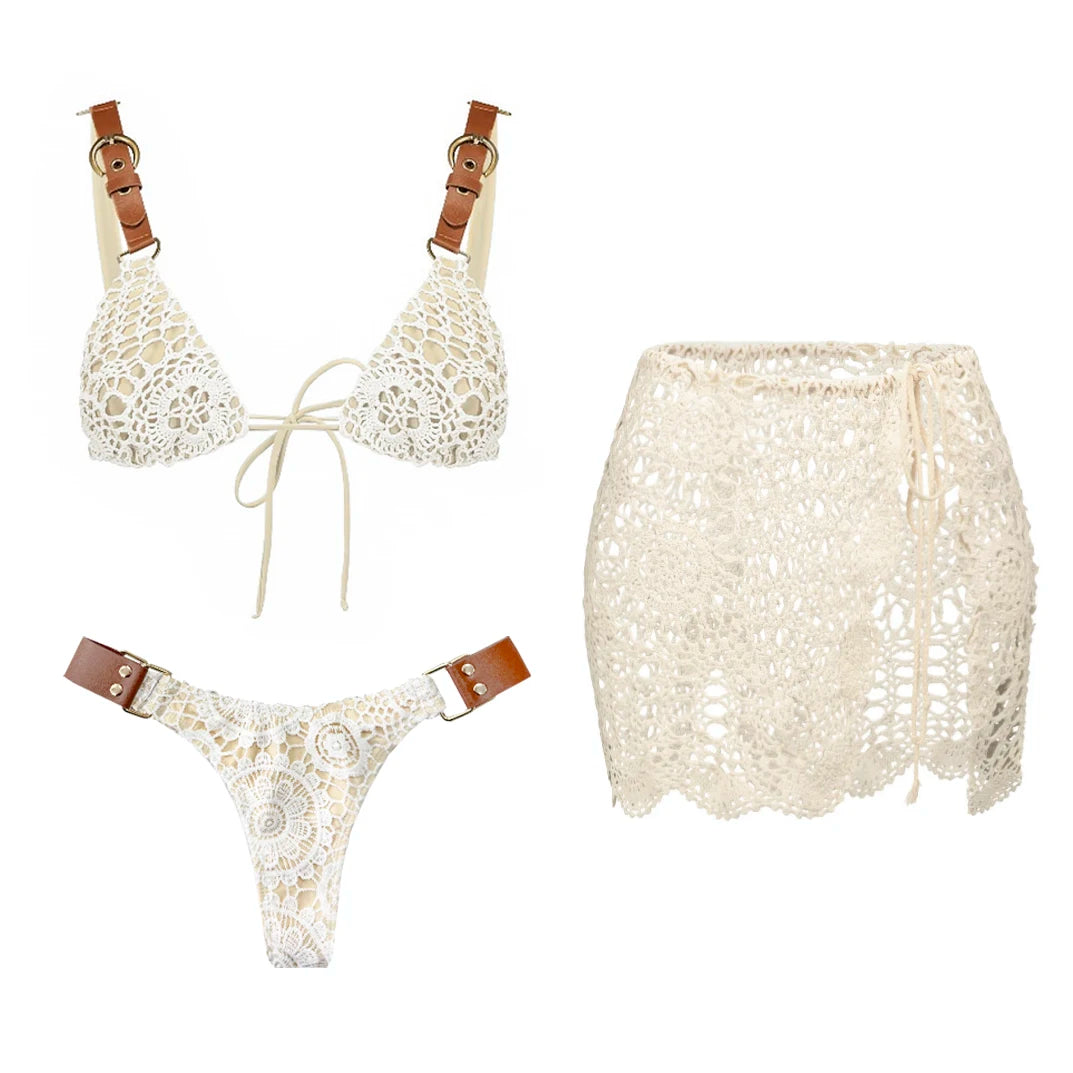 White Crochet 3 Piece Bikini Set
