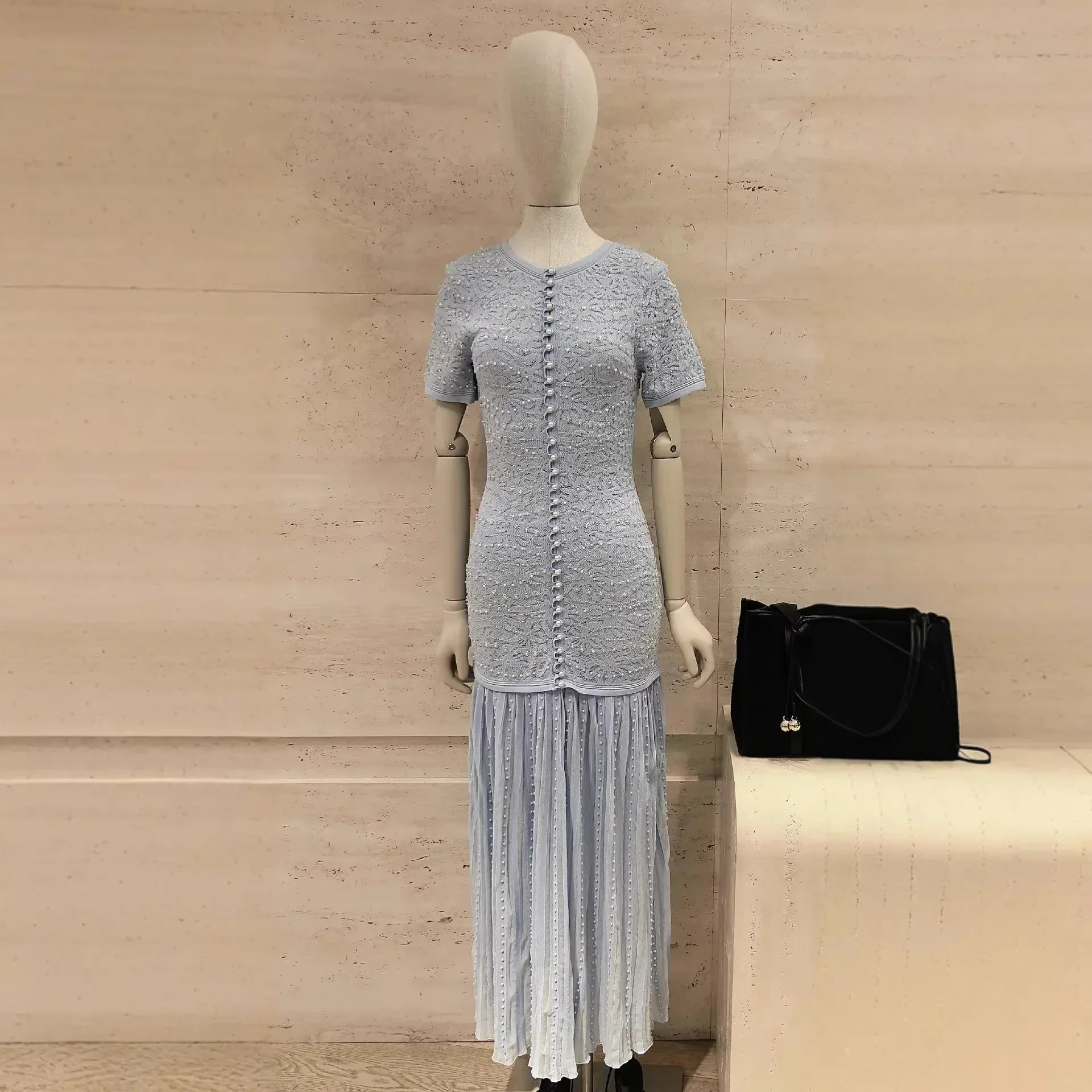 Pearl Beaded Hollow Knit Midi Dress