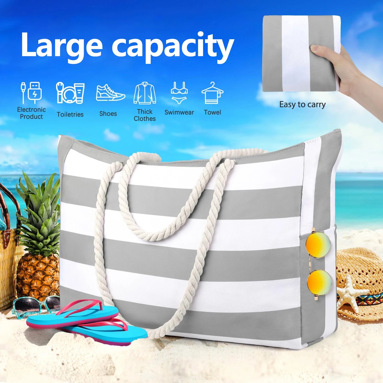 Waterproof Striped Canvas Beach Bag