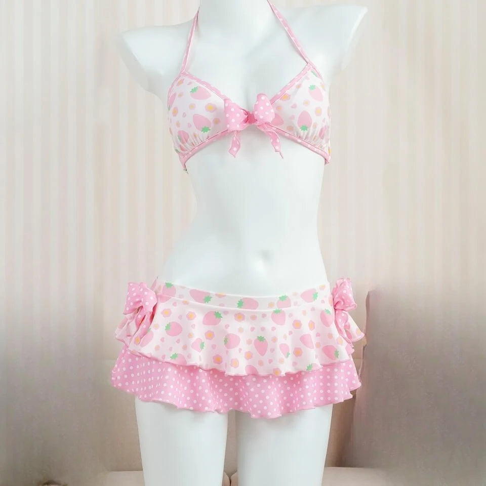Y2K Pink Bow Lace-Up Bikini Set