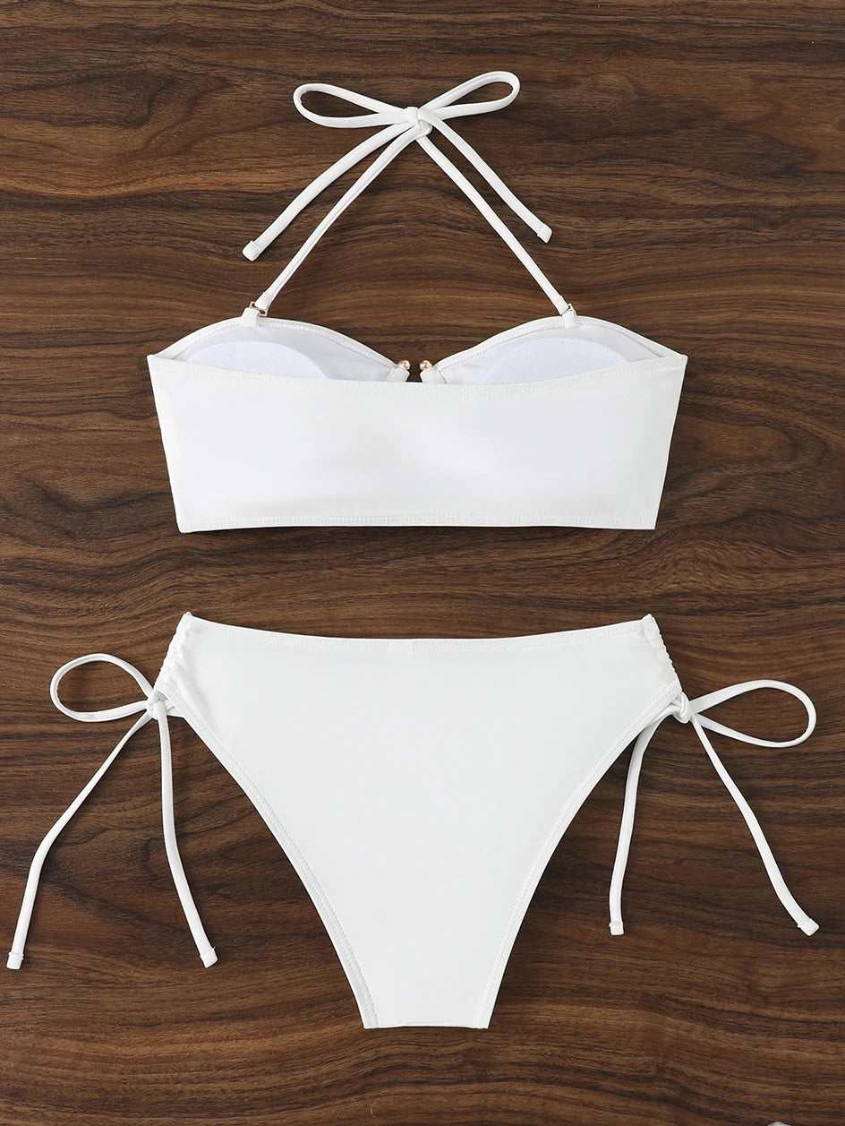 High Waist Knotted Bandeau Bikini Set