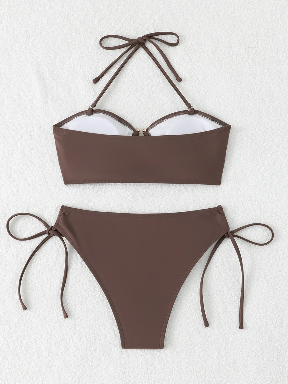 High Waist Knotted Bandeau Bikini Set