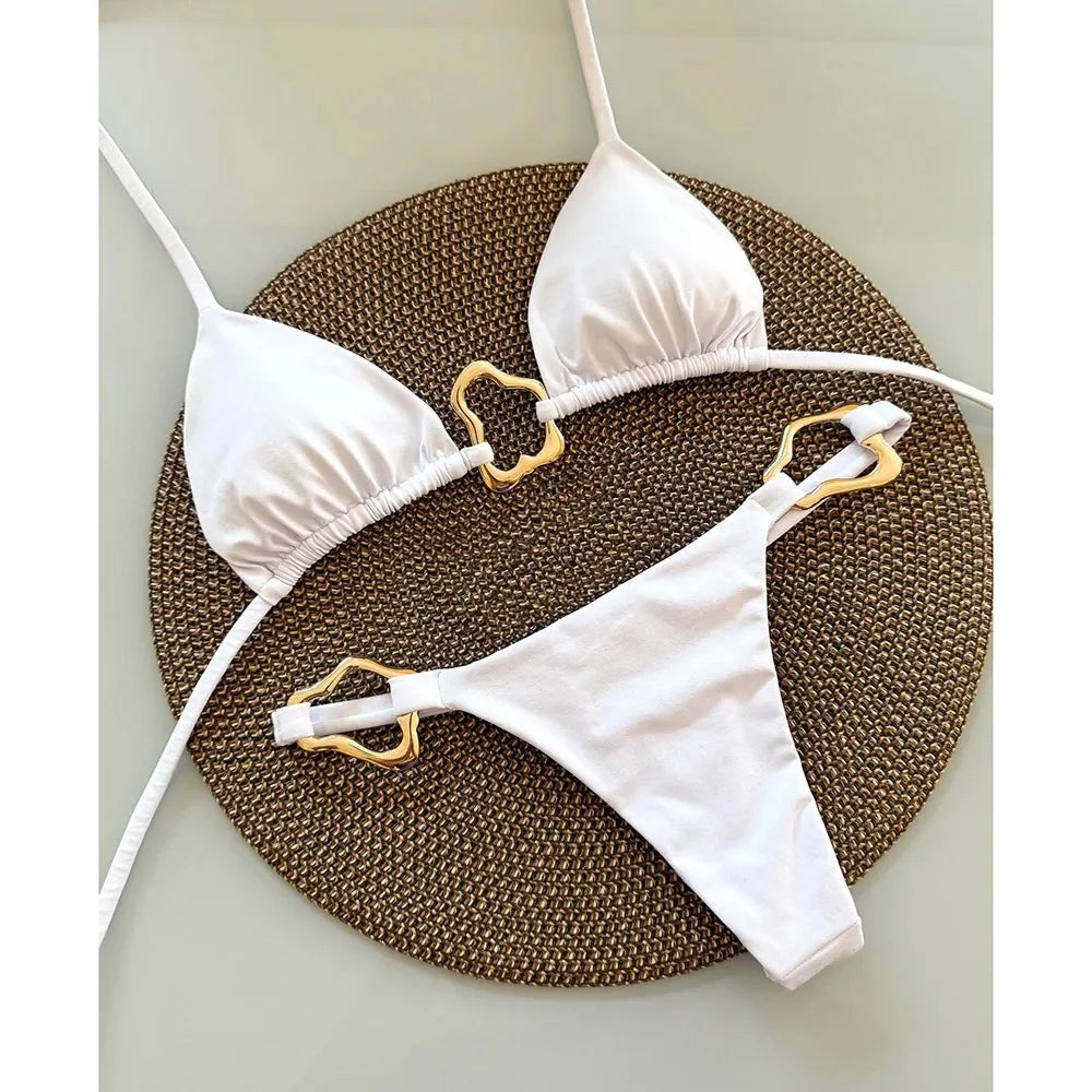 Solid Lace-Up Split Two Piece Swimsuit