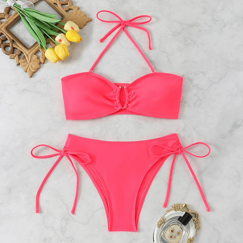 High Waist Knotted Bandeau Bikini Set