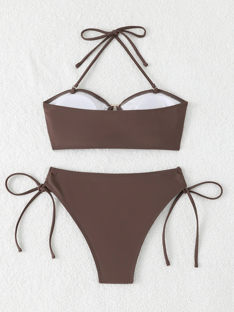 High Waist Knotted Bandeau Bikini Set