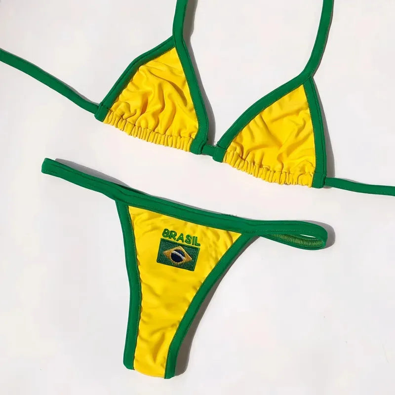 Brasil Flag Embroidery Split Bikini Set