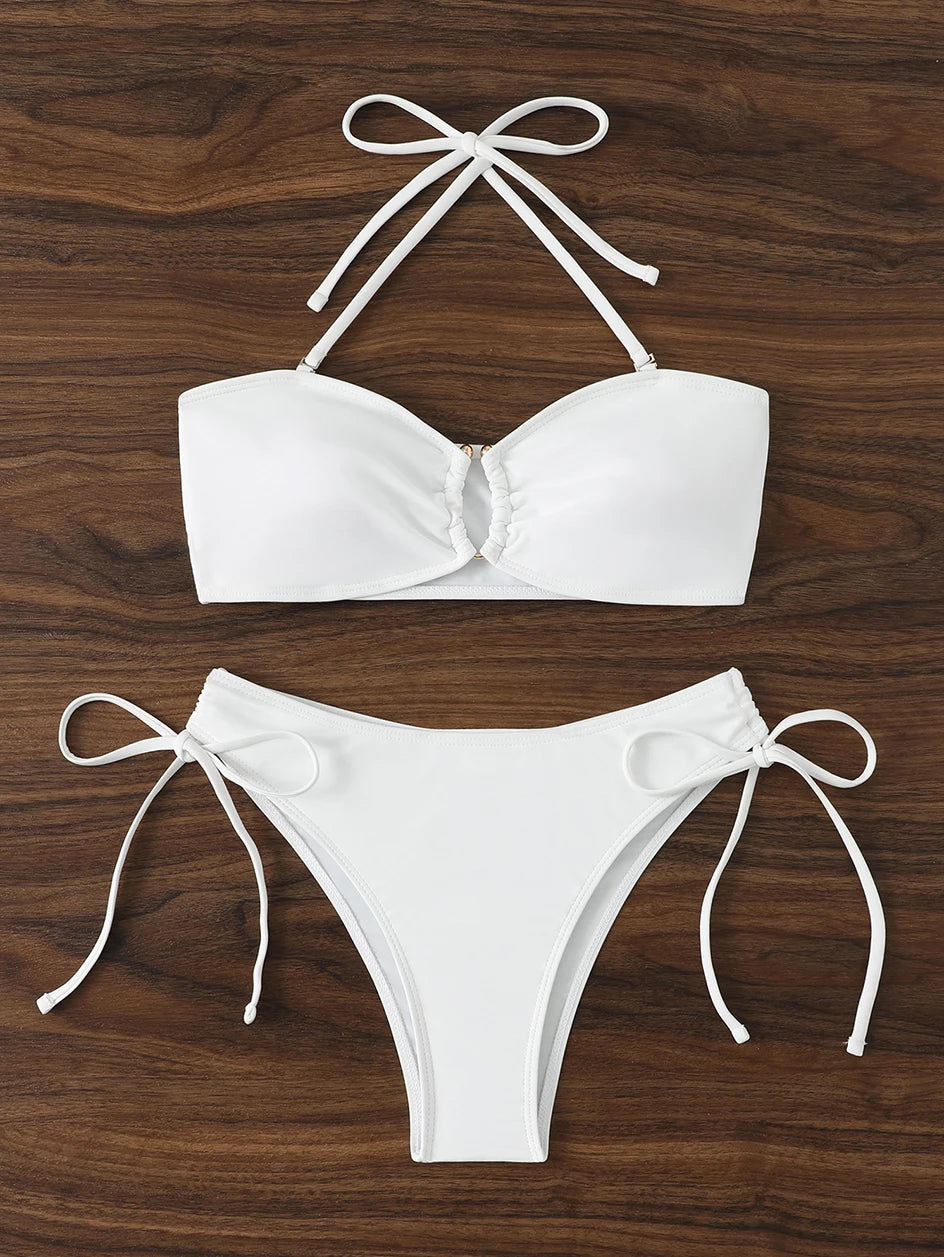 High Waist Knotted Bandeau Bikini Set